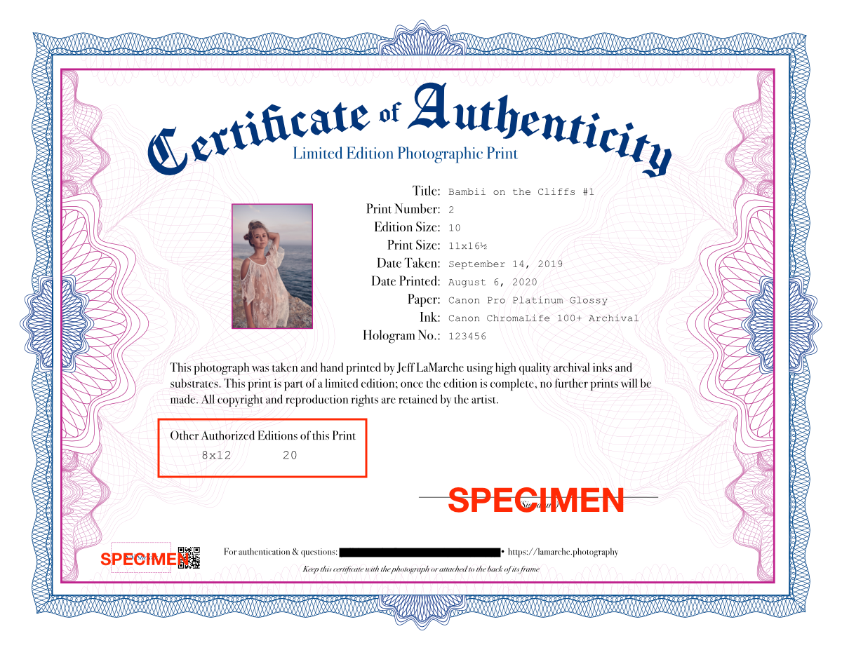 A specimen Certificate of Authenticity showing multiple authorized print sizes. The certificate itself is for an 11x16½ print, but it also lists an 8x12 edition. it =